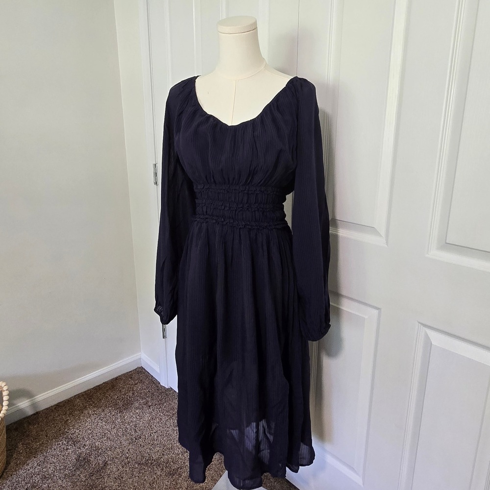 Shyanne Midi Dress Womens Large Indigo Pinstripe Smocked Waist Long Sleeve New